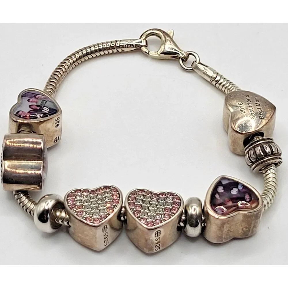Sterling Silver Family Charm Bracelet Hearts 28g 7in